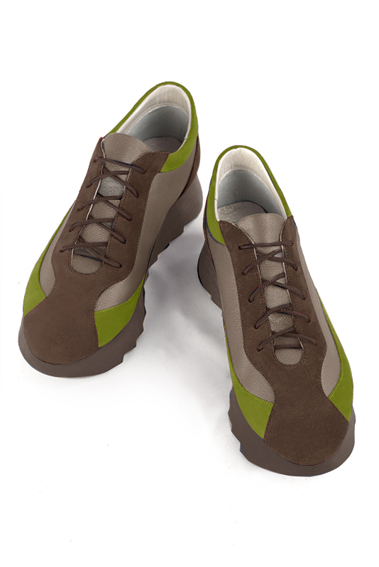 Chocolate brown, bronze gold and pistachio green women's elegant sneakers. Round toe. Low rubber soles. Top view - Florence KOOIJMAN